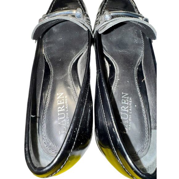 Ralph Lauren Black Leather Chunky Block Heel Loafers 9B Preppy Chic 90s Office - Picture 10 of 12